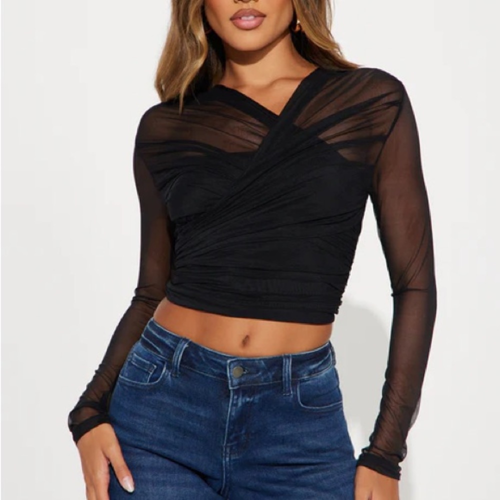 Fashion Nova Black Ruched Crop Blouse